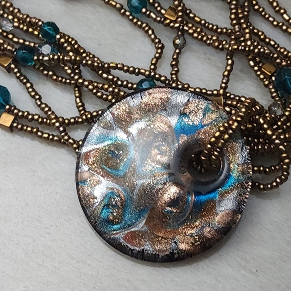 Multistrand Teal and Bronze Beaded Pendant Necklace - Picture 7 of 11